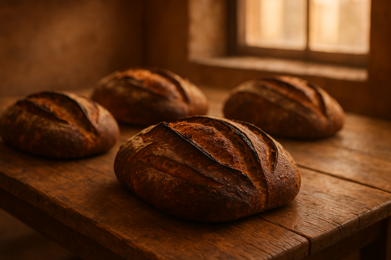 Hogazas de pan de masa madre recién horneadas sobre una mesa de madera