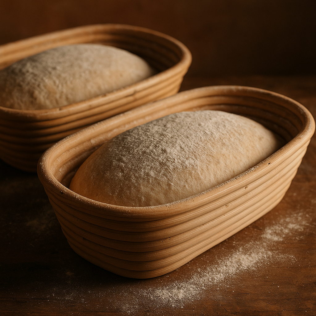 Masa de pan fermentando dentro de banetones de mimbre