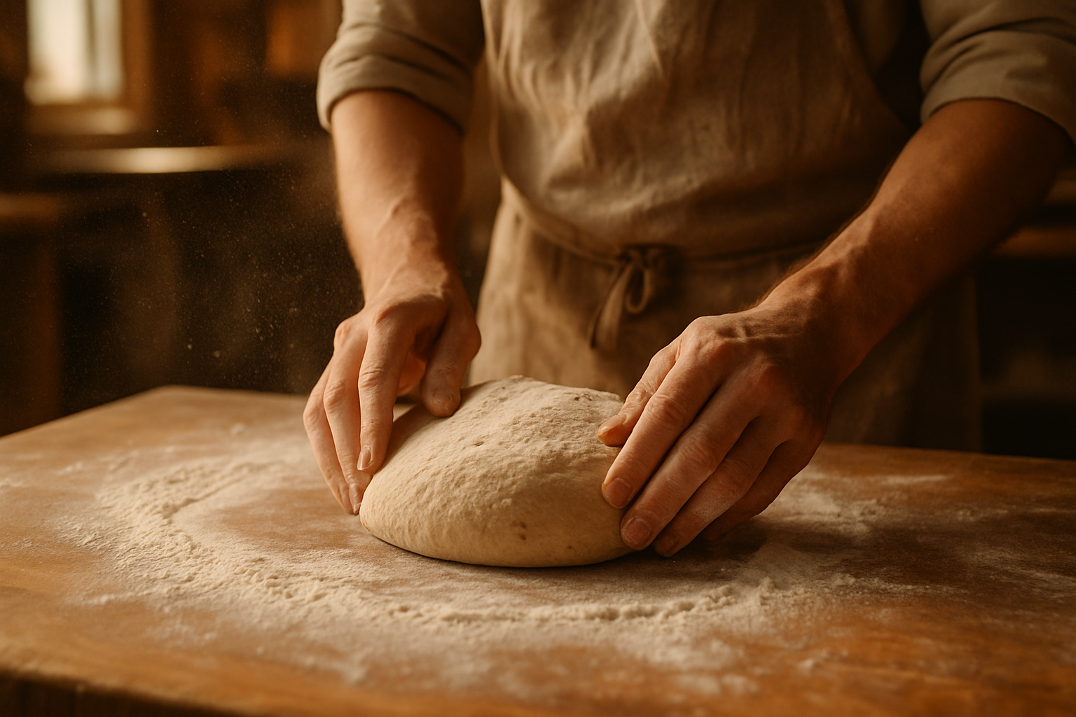 Panadero formando una hogaza de masa madre a mano sobre una mesa enharinada